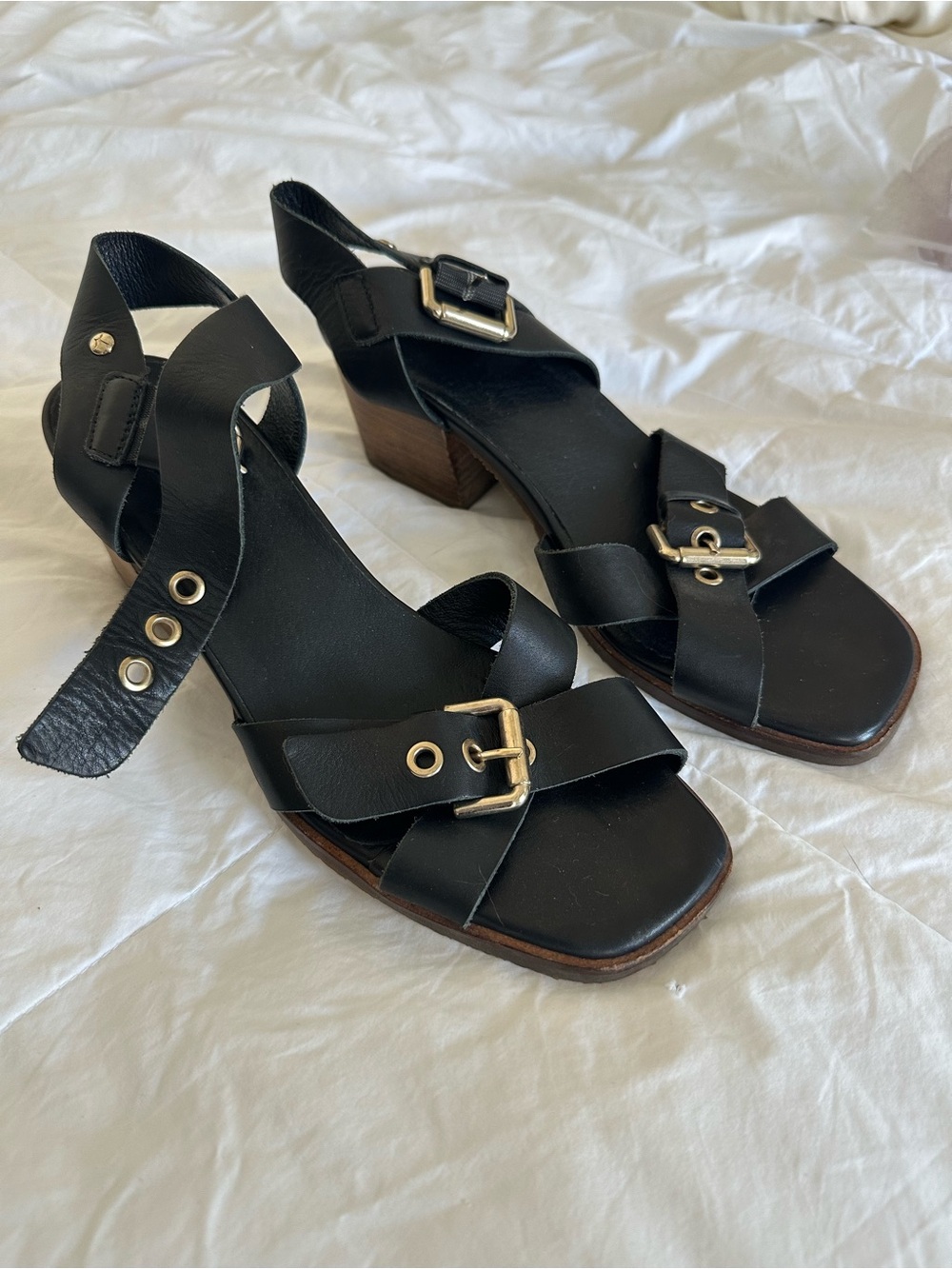 PIKOLINOS Black Leather Buckle Block Heel Sandals Size 39
